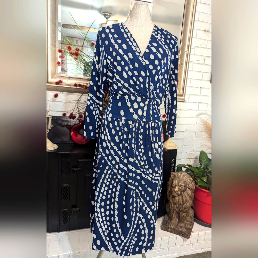 Vintage Talbots Navy White Polka Dot Chain Faux Wrap Dress Size 12